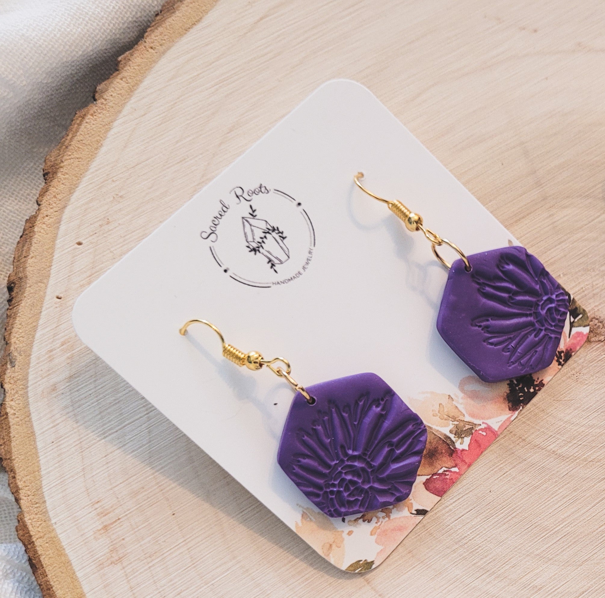Purple Dangle Clay Earrings with Flower Stamps
