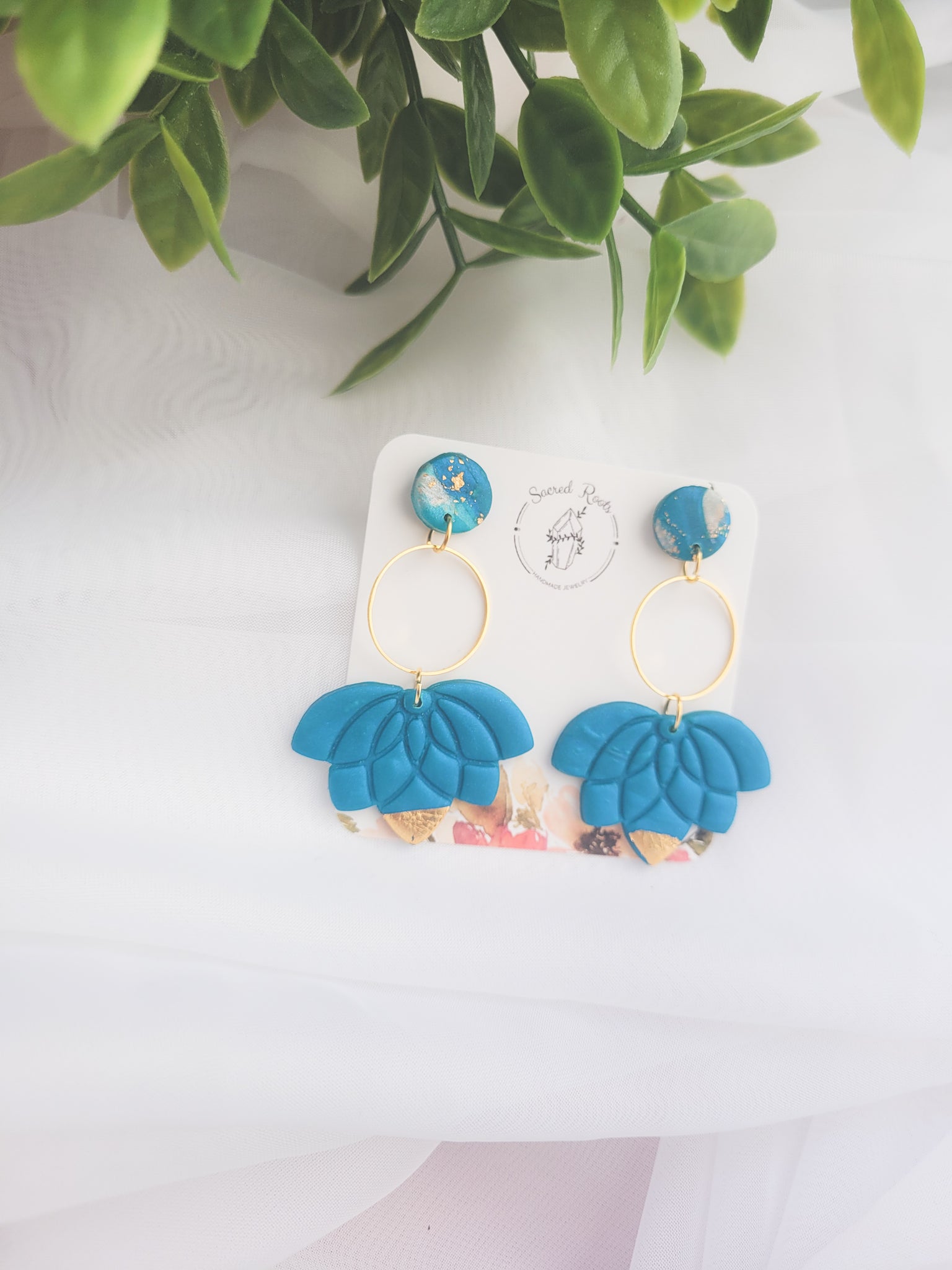 Teal and Gold Lotus Clay Earrings with Hoop