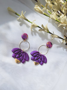 Purple and Gold Lotus Clay Earrings with Hoop