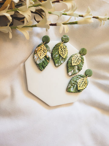 Marbled Green and Gold Leaf Clay Earrings